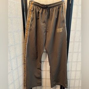 Fun Fashion Drawstring Track Pants with Logos and Tan Accents